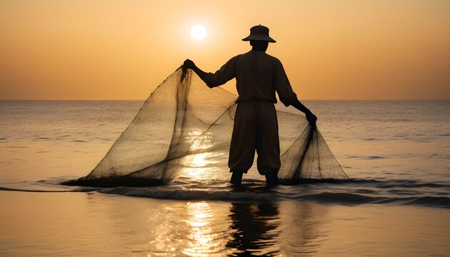 silhouette of  A traditional fisherman casting a net into the ocean at dawn
