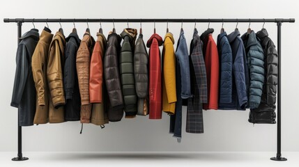 Side view capturing rows of clothes neatly hung on floor hangers. Clothes from casual to formal. They are arranged by color and style. Creates an eye-catching appearance
