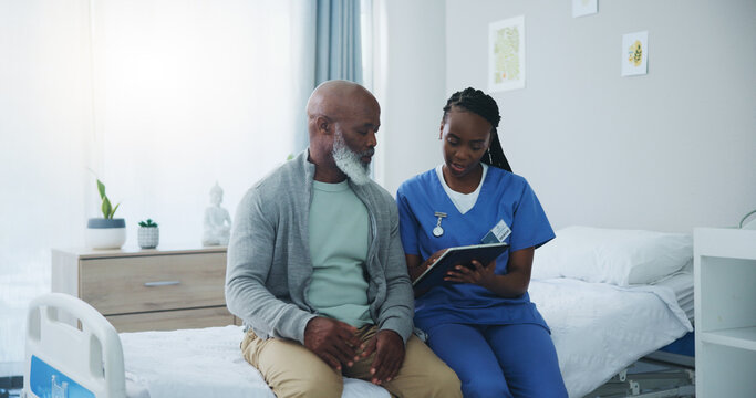 Hospital, bed or tablet by nurse with senior man for insurance, questions or healthcare compliance checklist. Clinic, planning or surgeon with old patient and app for surgery, plan or digital payment
