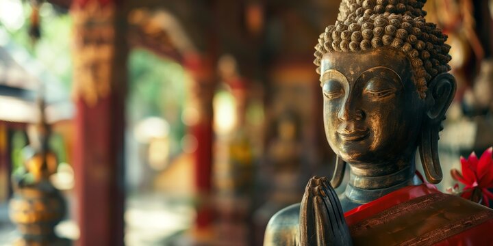 A Buddha statue is partially obscured by the ornate columns of a temple, creating a harmonious blend of ancient religious architecture and spiritual art.
