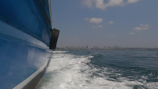 View of the blue water from the ship.