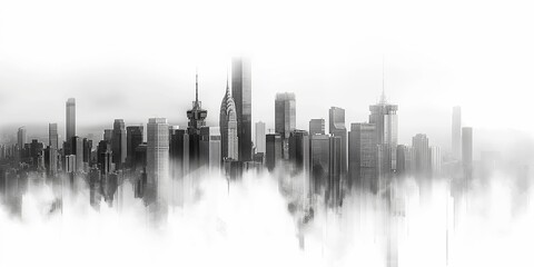 A grayscale image capturing a foggy city skyline, showing tall buildings and skyscrapers partially obscured by dense fog, creating a mysterious urban atmosphere.