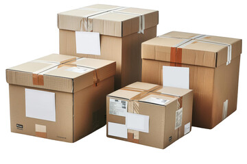Fototapeta premium Set of four brown cardboard boxes with labels and packing tape, ideal for shipping, moving, and storage purposes.