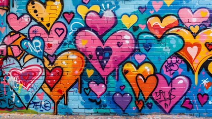 Vibrant graffiti wall with various colors, shapes, and hearts in different sizes and styles, creating a love-themed backdrop
