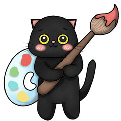 back to school concept is A black cat holds a paintbrush and has a palette on the back.