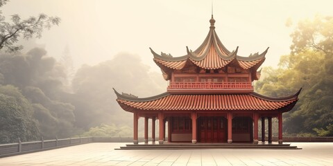 Fototapeta premium A traditional Asian pagoda stands gracefully amidst serene natural surroundings, surrounded by misty trees and calm environment, encapsulating peace and architectural beauty.