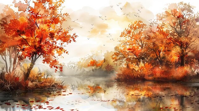 A detailed watercolor painting of a serene scenic landscape during autumn, showcasing the beauty of changing leaves for a calming, nature-inspired wall art piece