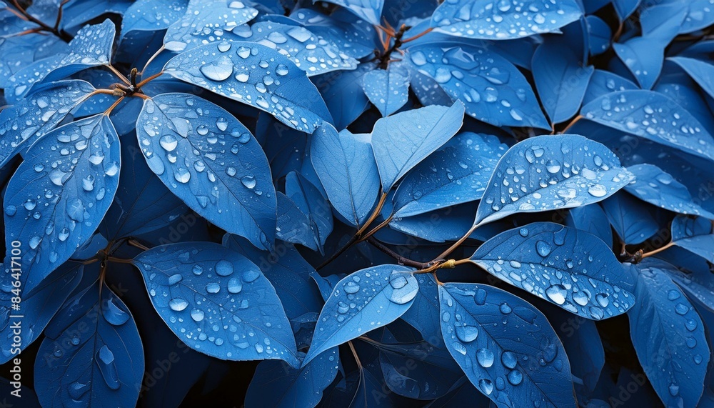 Wall mural Close-up of water drops on blue leaves