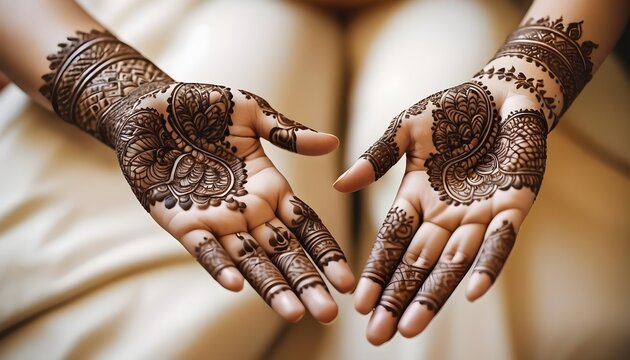 A close-up of intricate henna designs on hands
