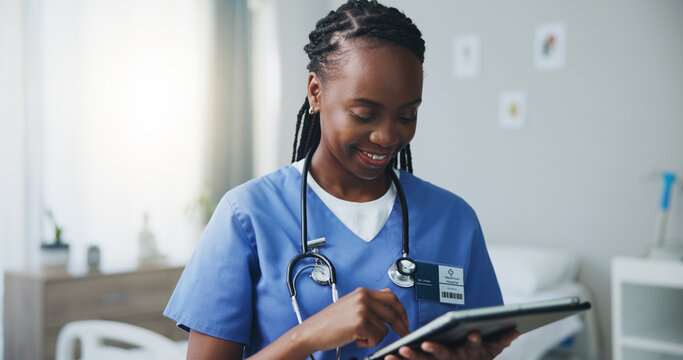 Happy, tablet and doctor in hospital, healthcare and email with online reading, internet and connection. Black woman, nurse and employee in medicare clinic, tech or network with digital app and smile