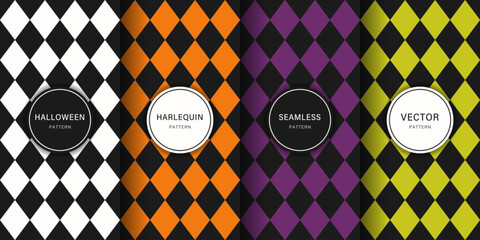 Set of Harlequin or Diamond Check seamless patterns in Halloween themed colors.