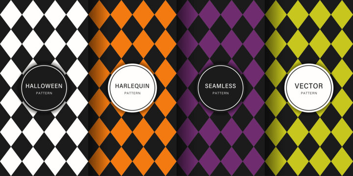 Set of Harlequin or Diamond Check seamless patterns in Halloween themed colors.
