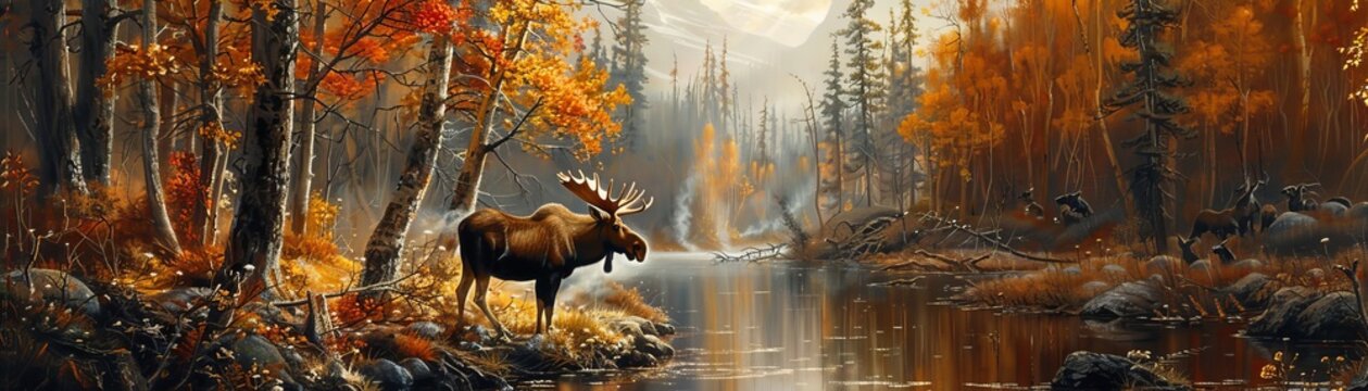 The grandeur of nature by featuring a moose in a forest setting, highlighting its presence among other forest inhabitants in a visually striking and creatively compelling manner