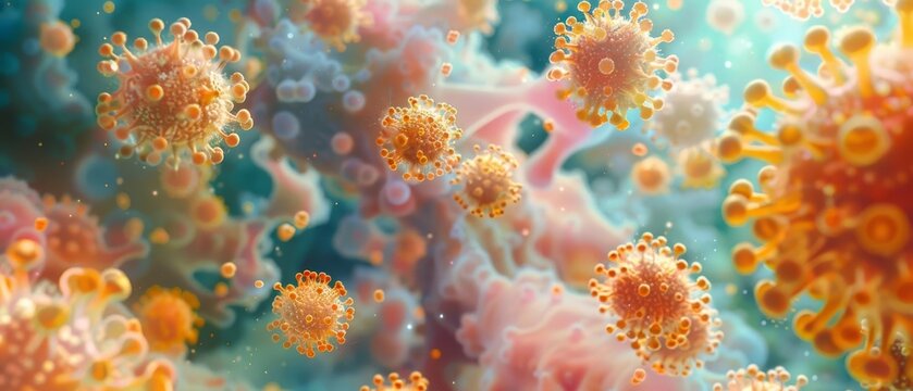 The microscopic world of pollen particles, emphasizing their role in exacerbating seasonal allergies and the importance of respiratory health in a visually striking manner