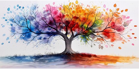 A beautiful tree with colorful leaves, watercolors on canvas