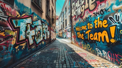 Obraz premium Graffiti Welcome to the Team Street Art. Vibrant street art with graffiti text 