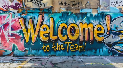 Graffiti Welcome to the Team Street Art. Vibrant street art with graffiti text "Welcome to the Team" on urban walls, celebrating new team members with colorful designs.