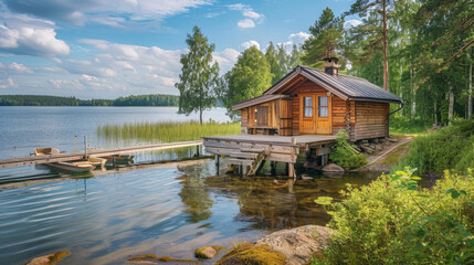 Charming lakeside cabin with a wooden dock surrounded by lush greenery and calm water, perfect for a peaceful retreat. Scenic Lakeside Cabin with Wooden Dock

