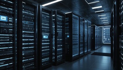 A picture of a server room with rows of network servers. The room supports backup, mining, hosting, mainframes, and computer racks with storage 