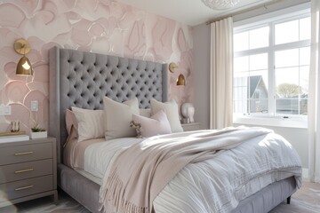 A luxurious bedroom with soft pastel pink and grey accents, featuring an elegant gray bed headboard