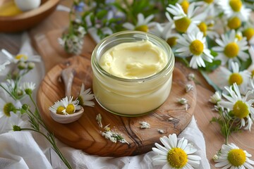 Homemade chamomile ointment and fresh chamomile flowers.