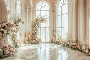 A luxurious wedding backdrop with an ornate marble floor, adorned with delicate floral arrangements
