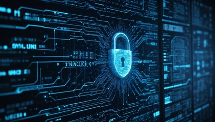 A modern digital security shield with a blue glow lock at the center of the image.