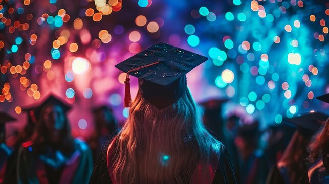 The festive atmosphere of a graduation with a tilted angle perspective on the colorful and joy-inducing fireworks marking the celebration