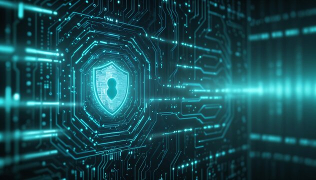 A modern digital security shield with a blue glow stands at the center of the image.