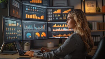 Young business woman working in front of computer with multiple screens displaying charts and graphs