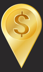 Gold Dollar Map Pin Vector. Premium Location Marker for Financial Apps, Investment Maps, or Business Finder Websites - Luxury GPS Symbol