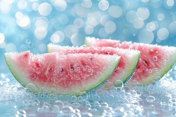 Sliced fresh watermelon with bubbles on water professional photography