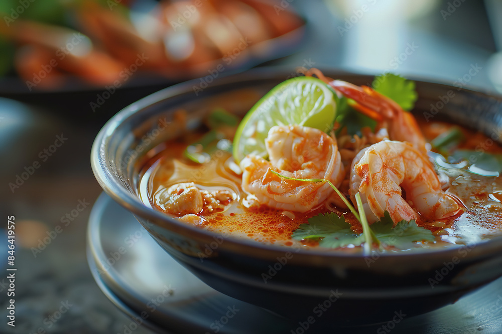 Wall mural elegant tom yum soup presentation with lemongrass and lime