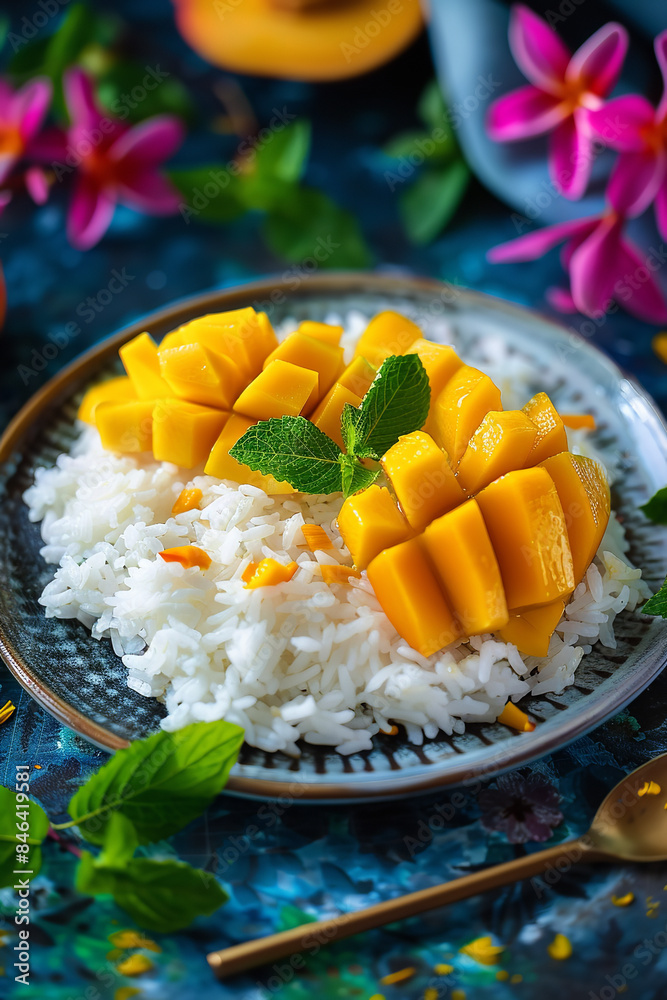 Sticker Homemade Thai Mango Sticky Rice on a Rustic Ceramic Plate  