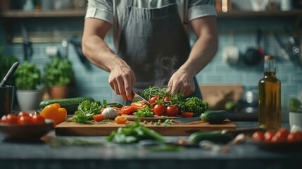 Naklejka premium Closeup male cook hand cutting vegetables in restaurant kitchen