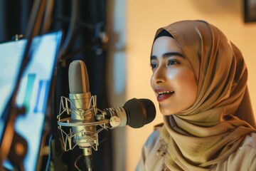 Young Muslim businesswoman recording a podcast with a professional microphone - Powered by Adobe