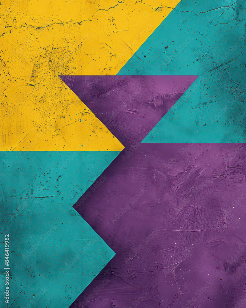 Poster Bold geometric design with purple, yellow, and green shapes on a textured background. Ideal for modern, vibrant backgrounds or creative designs.