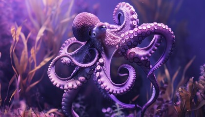 Obraz premium Purple Majesty: The Stunning Octopus Among Sea Plants