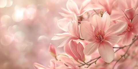 A beautiful close-up of delicate pink magnolia flowers with a softly blurred backdrop, capturing the intricate details and vibrant colors of the blossoms in perfect clarity.