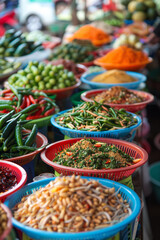 Colorful Thai Street Food Market with a Variety of Traditional Dishes  