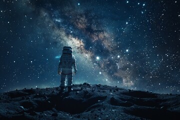 Obraz premium astronaut standing on the moon looking to the earth under galaxy start space.