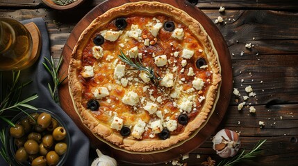 Greek tart topped with feta cheese and olives placed on a wooden traditional table