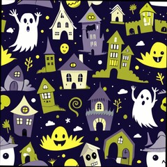 Seamless pattern of spooky ghosts and haunted houses against a dark sky, Generative AI