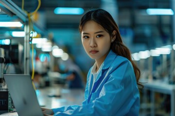 Fototapeta premium A woman in a blue lab coat is sitting at a computer