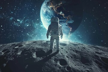Fototapeta premium astronaut standing on the moon looking to the earth under galaxy start space.