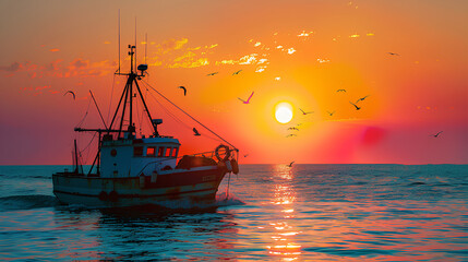 Fototapeta premium fishing boat with beautiful sunset views