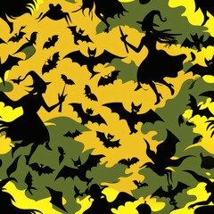 Seamless pattern of spooky silhouettes of witches on broomsticks and flying bats, Generative AI