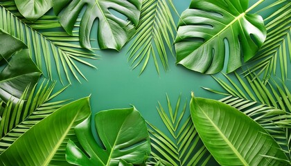 Top view lush green tropical leaves border