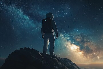 astronaut standing on the moon looking to the earth under galaxy start space.