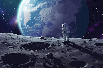 Obraz premium astronaut standing on the moon looking to the earth under galaxy start space.